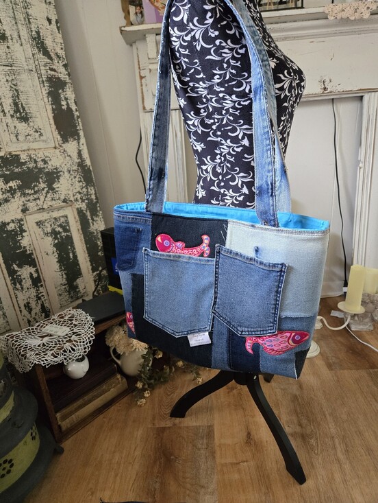 Handbags - Denim Patchwork Tote Bag with Bright Blue Lining